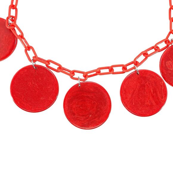 Bold Vintage Large Marbled Red Disk Bakelite Necklace Plastic Chain Geo Mod Read - Picture 5 of 13